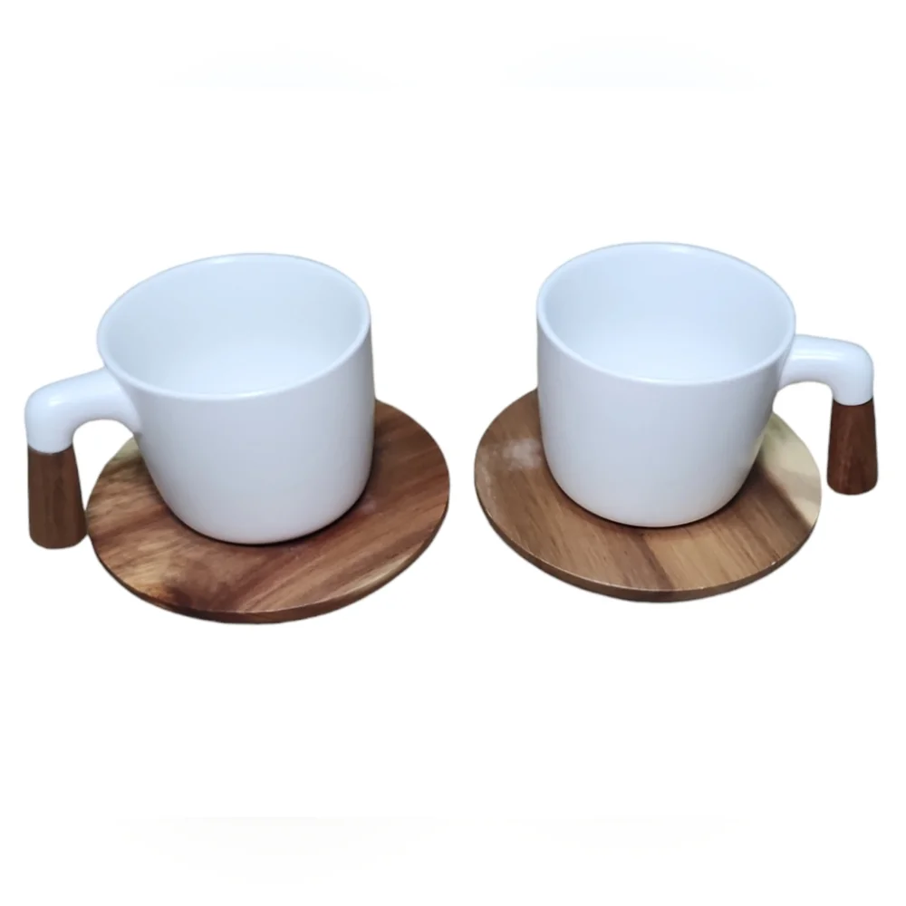 Porcelain Coffee Mug with Acacia Wood Saucer,‎ NEW